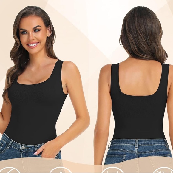 NWOT Shapewear Seamless Black Ribbed Square Tank top - Picture 1 of 5